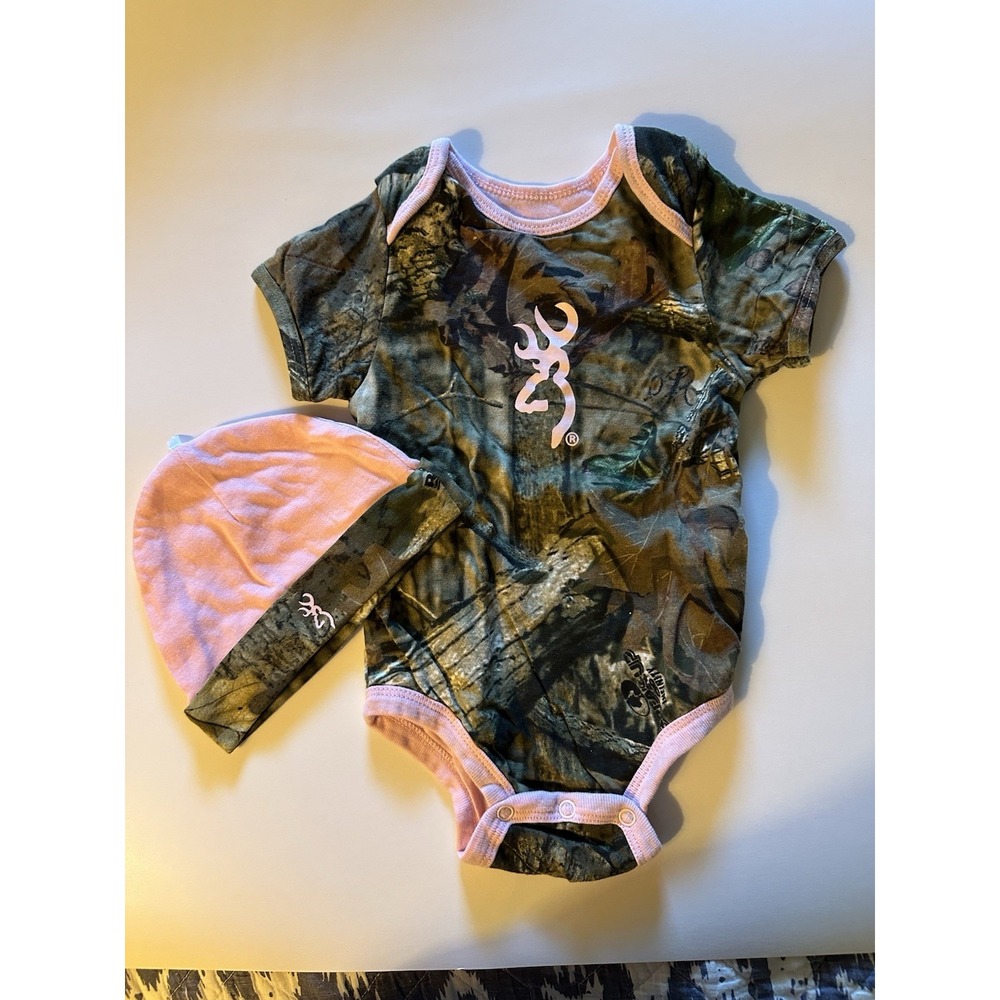 Browning 12 Mo Girl Camouflage One-Piece T Shirt & Hat Pink Trim And Pink Logo